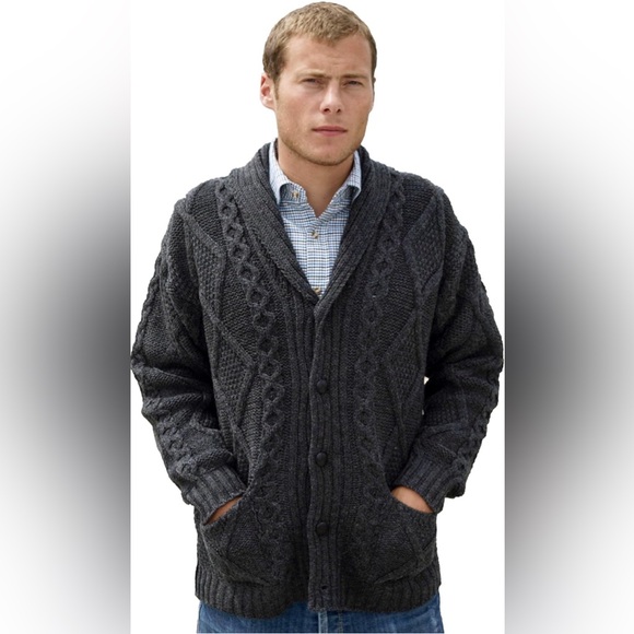 Aran Crafts Shawl Collar Button Cardigan Charcoal Gray Merino Wool - Main Image